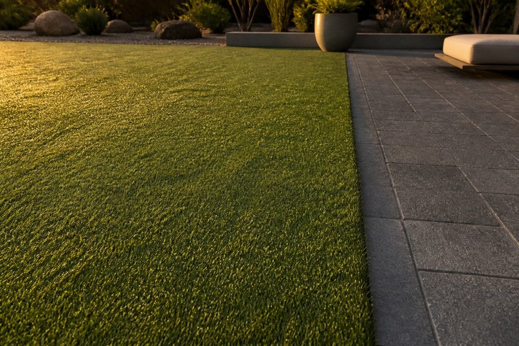 Close-up of an artificial grass seam and trimmed edge against paving in a Cape Town garden