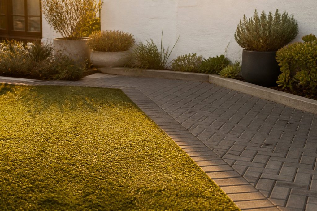 Artificial lawn laid over a paved Cape Town courtyard with a flush brick soldier course edge