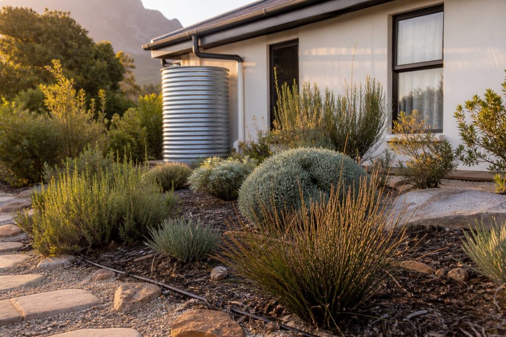 Water-wise Cape Town garden with mulched indigenous beds, drip irrigation and a rainwater tank