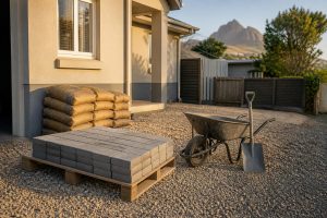 Budget paving project with cement bags and grey pavers at a Cape Town home