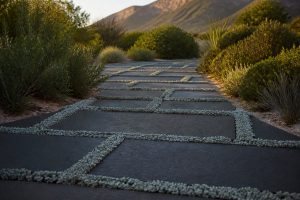 Silver-grey Dymondia groundcover growing in the joints between charcoal pavers on a Cape Town garden pathway at golden hour