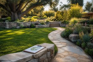 Terraced landscaped garden with stone retaining walls and new planting in Cape Town