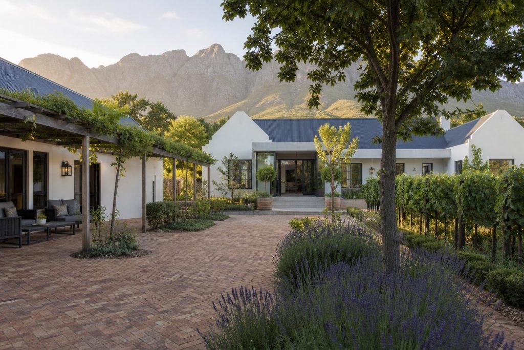Clay brick paved courtyard with lavender in Somerset West below the Helderberg