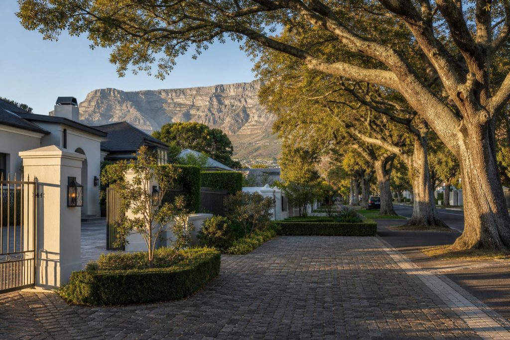 Cobblestone driveway entrance in Cape Town Southern Suburbs with Table Mountain behind