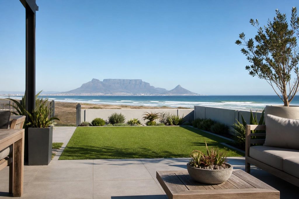 Paved patio with artificial lawn in Table View with Table Mountain across the bay