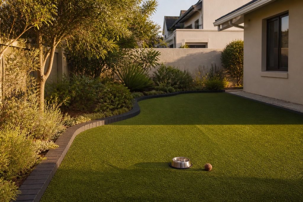 Pet-friendly artificial lawn in a Cape Town back garden with a brick edge and shaded planting