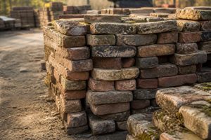 Piles of weathered second-hand paving bricks in a Cape Town salvage yard
