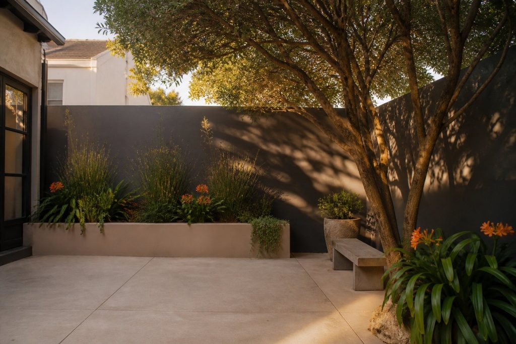 Small walled townhouse courtyard garden in Cape Town with large-format paving, raised planters and a multi-stem tree