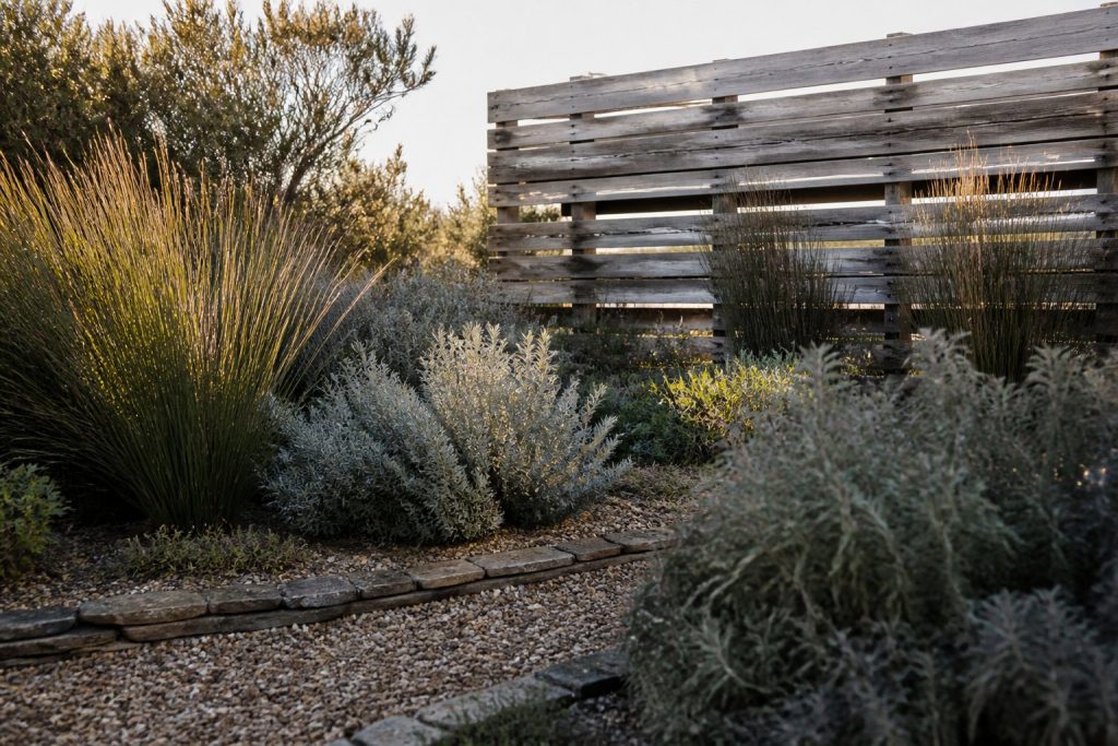 Wind-tolerant restios and silver fynbos planting behind a slatted permeable windbreak screen in a Cape Town garden