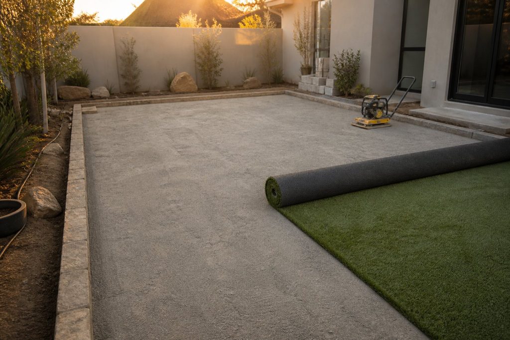 Compacted crusher run and screeded laying course prepared under artificial grass in a Cape Town back garden